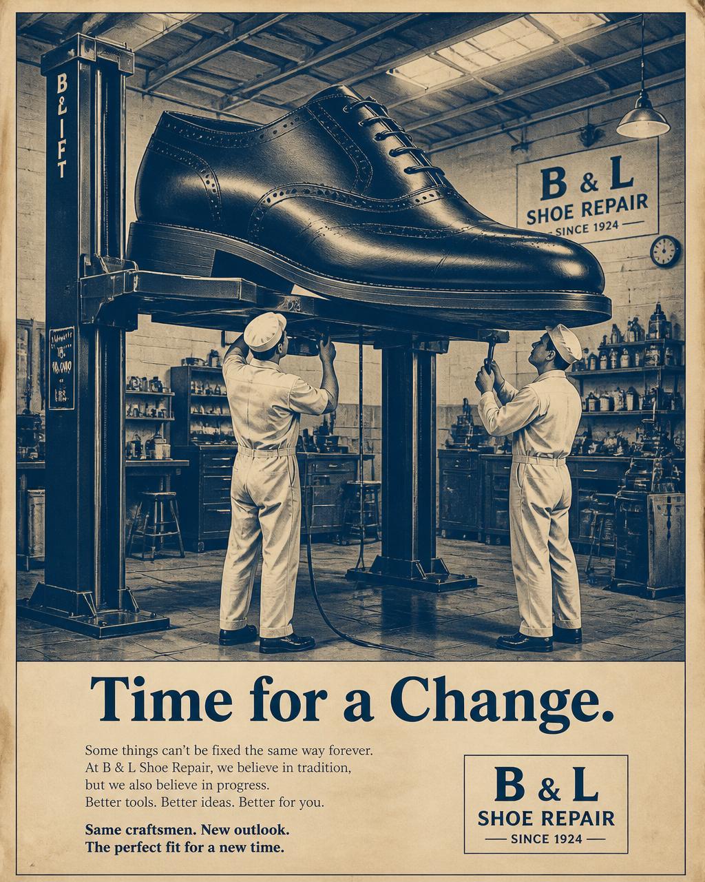 Vintage Ramos poster — giant shoe on a lift, ‘Time for a Change’