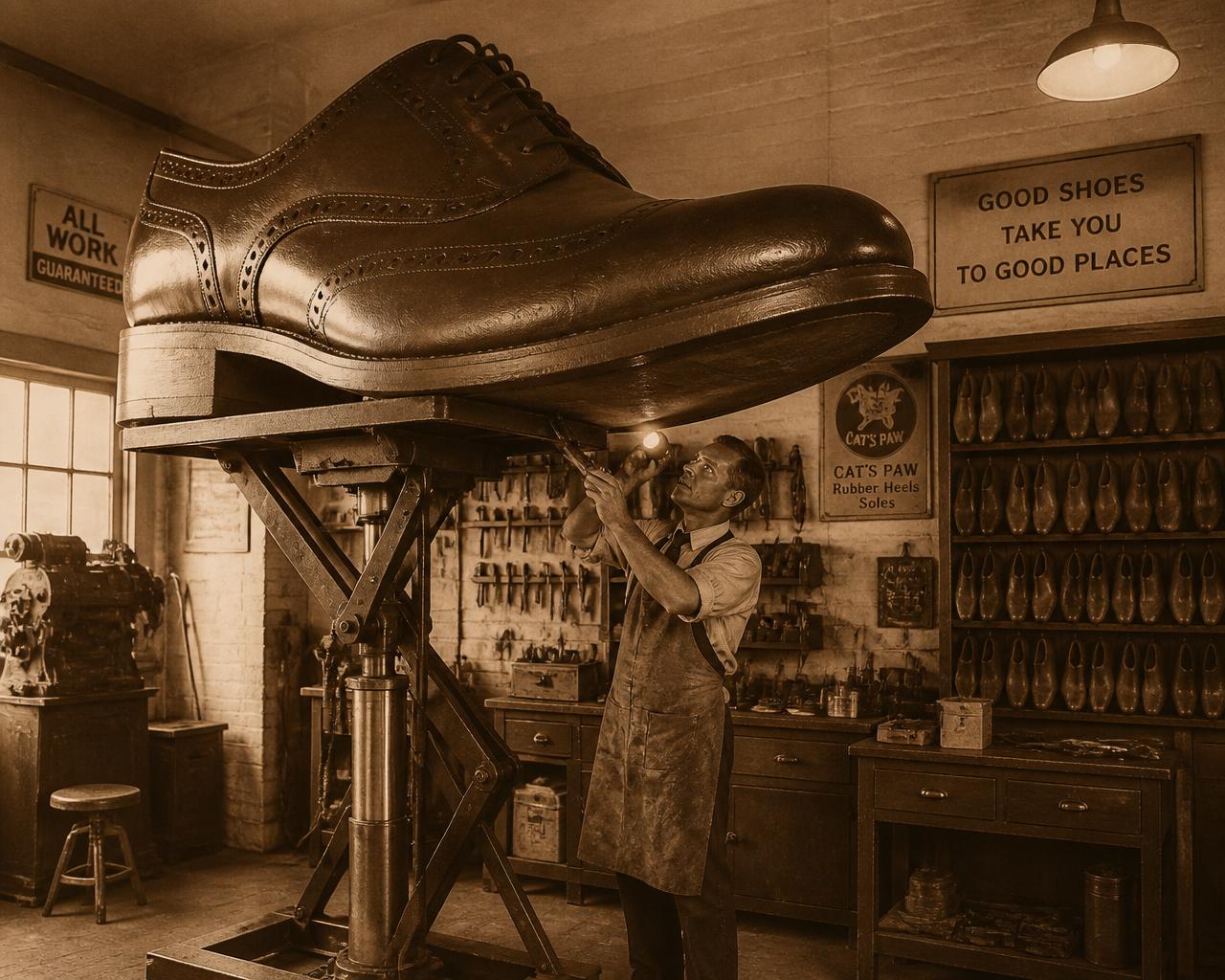 Cobbler inspecting an oversized oxford on a hydraulic lift